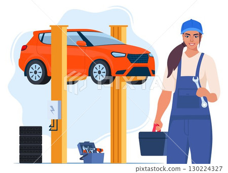 Car repair. Woman auto mechanic near the car lifted on autolifts. Car service and repair, diagnostics. Auto service. Vector illustration. 130224327