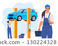 Car repair. Woman auto mechanic near the car lifted on autolifts. Car service and repair, diagnostics. Auto service. Vector illustration. 130224328