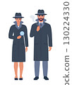 Private detectives couple in gray hats and coats. Handsome man and woman characters. Vector illustration isolated on white background. 130224330