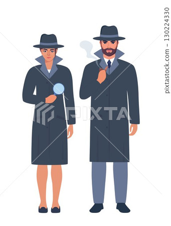 Private detectives couple in gray hats and coats. Handsome man and woman characters. Vector illustration isolated on white background. 130224330