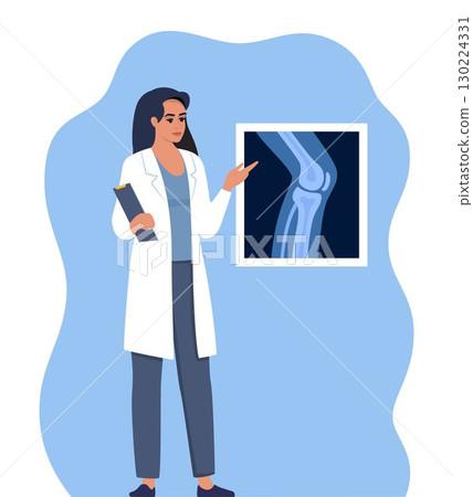 Doctor presenting human xray shot, gives a training lecture about anatomy. X-ray anatomy of the knee joint and human leg. Medical seminar, lecture. Vector illustration. Doctor presenting human xray shot, gives a training lecture about anatomy. X-ray anatomy of the knee joint and human leg. Medical seminar, lecture. Vector illustration. 130224331