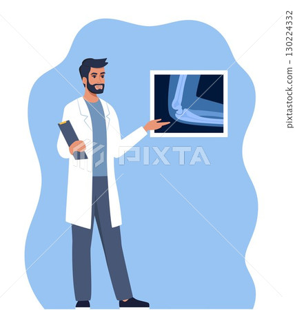 Doctor presenting human xray shot, gives a training lecture about anatomy. Xray scan of elbow joint. Medical seminar, lecture. Vector illustration. 130224332