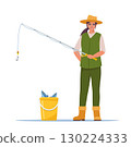 Woman fishing. Fisherman girl with fishing rod and fish. Female in vest and hat catching a fish. Outdoor recreation, leisure time. Vector illustration. 130224333