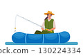 Woman fishing. Fisherman girl at lake or river. Female in vest and hat in rubber boat catching a fish. Outdoor recreation, leisure time. Vector illustration. 130224334
