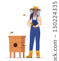 Woman in hat with protective fine mesh holds a wooden deeper. Honey bee. Beekeeping. Houses for bees, beehives. Get honey. Vector illustration. 130224335