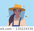 Woman portrait in hat with protective fine mesh. Honey bee. Beekeeping. Houses for bees, beehives. Get honey. Vector illustration. 130224336