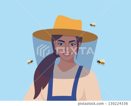 Woman portrait in hat with protective fine mesh. Honey bee. Beekeeping. Houses for bees, beehives. Get honey. Vector illustration. Woman portrait in hat with protective fine mesh. Honey bee. Beekeeping. Houses for bees, beehives. Get honey. Vector illustration. 130224336