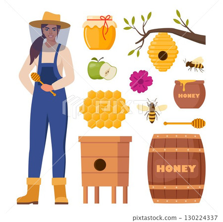 Beekeeping set. Beekeeper woman character, beehive, bee, honeycombs, honey jar, dipper, barrel flowers. Healthy sweet syrup. Beekeeping farm. Honey bee farming business. Vector illustration. Beekeeping set. Beekeeper woman character, beehive, bee, honeycombs, honey jar, dipper, barrel flowers. Healthy sweet syrup. Beekeeping farm. Honey bee farming business. Vector illustration. 130224337