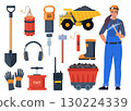 Woman miner and mining coal industry icons, set. Tools and equipment for manufacture, truck and mine, mineral fuel, miner symbol, signs of machinery and dump. Vector illustration. 130224339