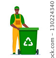 Garbage man in uniform with green trash bin and recycling symbol on it. Garbage sorting. Zero waste, environment protection concept. African American man worker. Vector illustration. 130224340