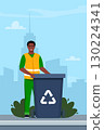 Garbage man in uniform with black trash bin and recycling symbol on it. Garbage sorting. Zero waste, environment protection concept. African American man worker. Vector illustration. 130224341