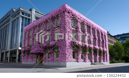 Floral-wrapped hotel faade in vibrant pink blossoms 130224432