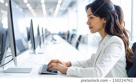Business series: A female office worker operating a computer in a modern white office 130224762