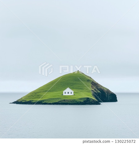 Solitary white church perched on verdant island, emerging from tranquil ocean waters beneath overcast sky, embodying serene isolation and minimalist landscape composition 130225072