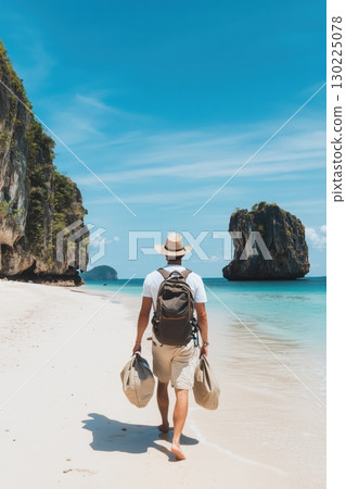 Traveler strolling sandy tropical beach, carrying backpack, enjoying turquoise waters and limestone rock formations 130225078