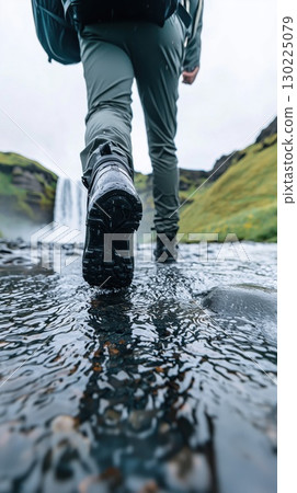 Low angle view of hiking boots walking through shallow stream with waterfall in background, showcasing the rugged beauty of nature 130225079