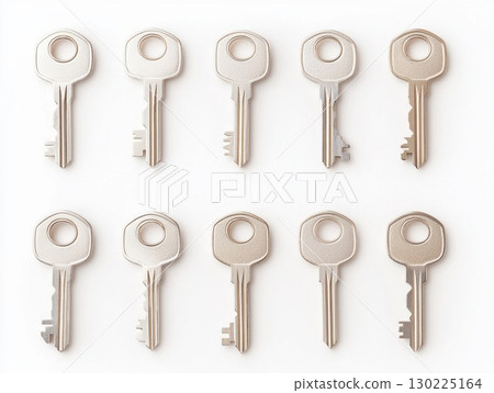 Metal keys lined up symmetrically on pristine surface, highlighting precision, security, and potential for unlocking multiple opportunities Metal keys lined up symmetrically on pristine surface, highlighting precision, security, and potential for unlocking multiple opportunities 130225164