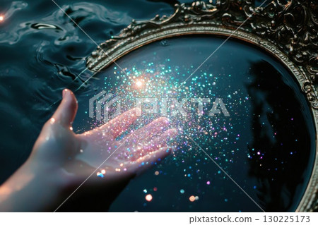 Iridescent glitter swirling above dark water, hand gently scattering sparkling particles near vintage mirror, evoking ethereal dreamscape 130225173