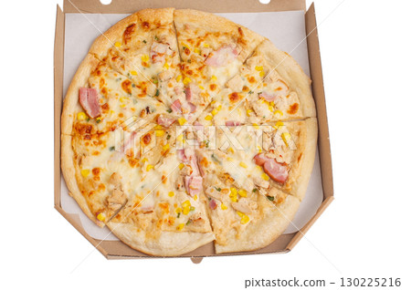 Pizza in a paper box isolated on a white background. 130225216