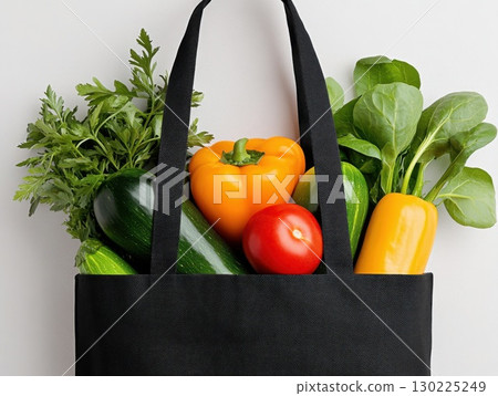 Eco friendly black tote carrying diverse organic produce, displaying fresh zucchini, tomatoes, peppers, parsley, spinach against clean white surface 130225249