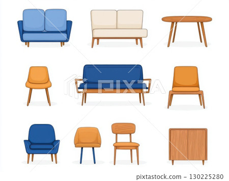 Modern furniture set including sofas, armchairs, chairs, and a table, creating a stylish and contemporary interior design for a living room or lounge area 130225280