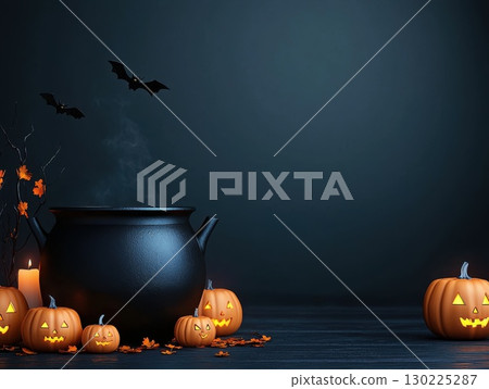 Spooky halloween scene with steaming cauldron, glowing jack o' lanterns, flying bats, flickering candle, scattered autumn leaves against shadowy background 130225287