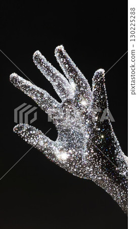 Crystal embellished hand extending gracefully, silhouetted against dark backdrop, symbolizing ethereal luxury and luminous sophistication 130225288