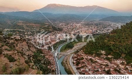 Evening Aerial Cityscape View of Berat Albania 130225414