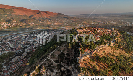 Evening Drone Panorama of Berat Castle Hill Evening Drone Panorama of Berat Castle Hill 130225415