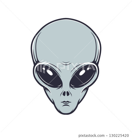 Illustration of alien head in engraving style. Design element for emblem, poster, card, banner, badge. Ufo. Vector illustration Illustration of alien head in engraving style. Design element for emblem, poster, card, banner, badge. Ufo. Vector illustration 130225420