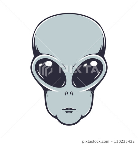 Illustration of alien head in engraving style. Design element for emblem, poster, card, banner, badge. Ufo. Vector illustration Illustration of alien head in engraving style. Design element for emblem, poster, card, banner, badge. Ufo. Vector illustration 130225422