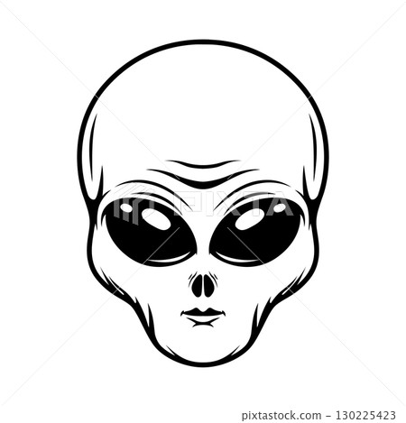 Illustration of alien head in engraving style. Design element for emblem, poster, card, banner, badge. Ufo. Vector illustration Illustration of alien head in engraving style. Design element for emblem, poster, card, banner, badge. Ufo. Vector illustration 130225423