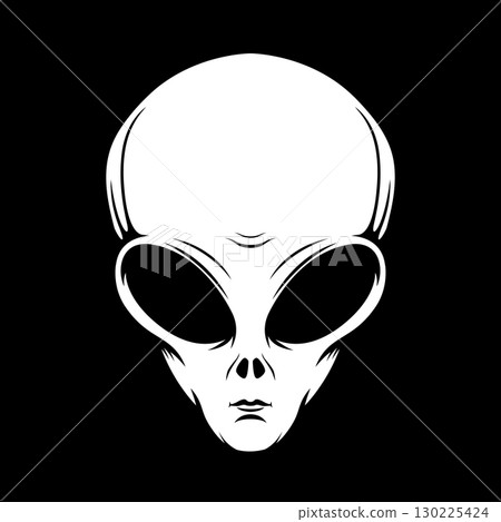 Illustration of alien head in engraving style. Design element for emblem, poster, card, banner, badge. Ufo. Vector illustration Illustration of alien head in engraving style. Design element for emblem, poster, card, banner, badge. Ufo. Vector illustration 130225424