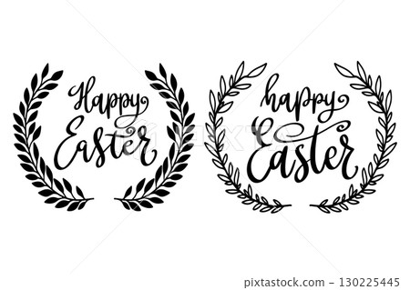 Happy Easter. Lettering phrase with wreath isolated on white background Happy Easter. Lettering phrase with wreath isolated on white background 130225445
