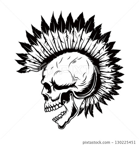 Illustration of a skull of native american with punk hairstyle . Design element for poster, emblem, sign, badge. Vector illustration 130225451