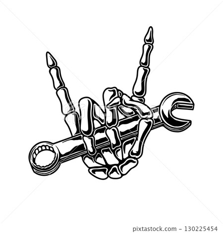 Illustration of a skeleton hand with mechanic's wrench. Vector design element 130225454