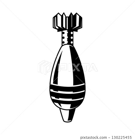 Illustration of a mortar shell in engraving style. Design element for poster, emblem, sign, badge. Vector illustration 130225455