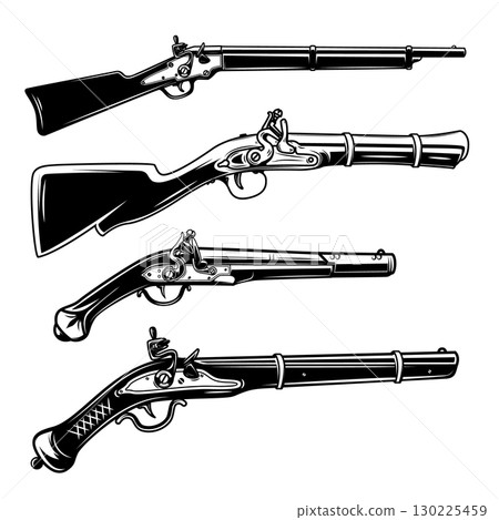 Illustration of old mushket gun isolated on white background. Design element for emblem, sign, poster, badge. Vector illustration Illustration of old mushket gun isolated on white background. Design element for emblem, sign, poster, badge. Vector illustration 130225459