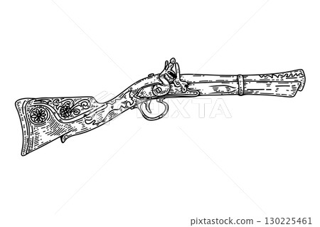 Hand drawn illustration of an old gun, mushket. Vector illustration 130225461