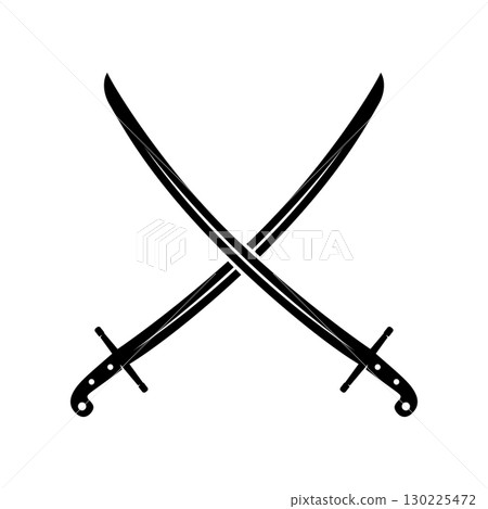 Crossed ancient sabers. Design element for emblem, sign, badge. Vector illustration 130225472