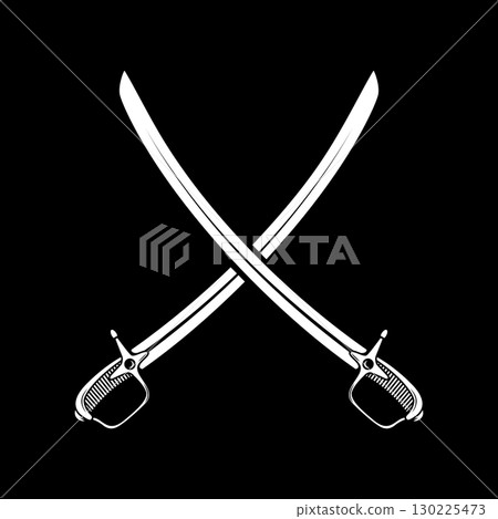 Crossed ancient sabers. Design element for emblem, sign, badge. Vector illustration 130225473
