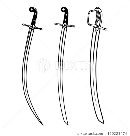 Set of ancient sabers. Design element for emblem, sign, badge. Vector illustration 130225474