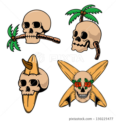 Set of illustrations of skull with surfing board. Summer theme. Vector illustration 130225477