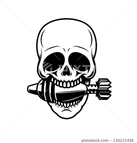 Illustration of a skull with mortar shell in his teeth. Design element for poster, emblem, sign, badge. Vector illustration 130225486