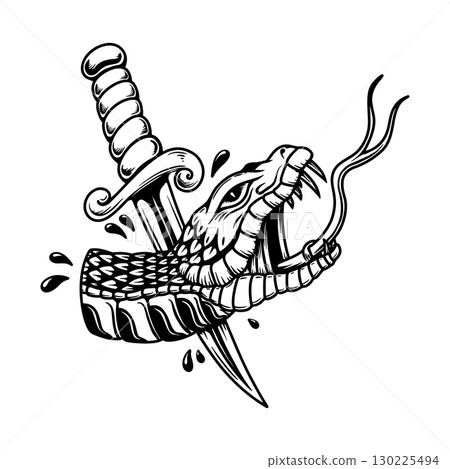 Illustration of snake head with dagger. Design element for poster, card, banner. 130225494