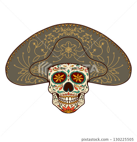 Illustration of mexican sugar skull in traditional sombrero. Day of the dead. Dia de los muertos. Vector illustration 130225505