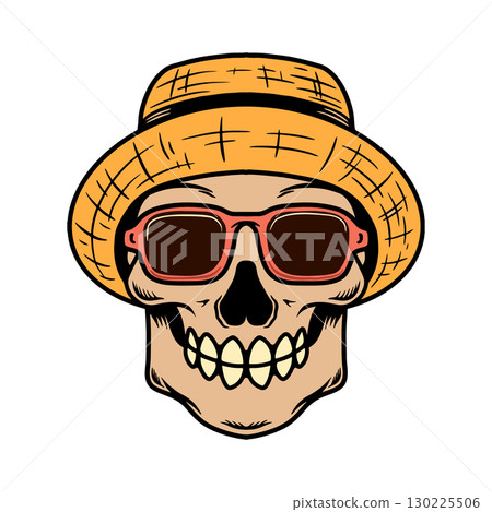 Illustration of skull in sunglasses and straw hat. Summer theme. Vector illustration 130225506