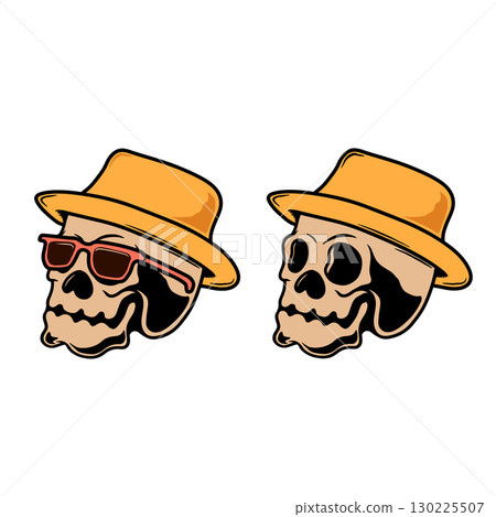 Illustration of skull in sunglasses and straw hat. Summer theme. Vector illustration Illustration of skull in sunglasses and straw hat. Summer theme. Vector illustration 130225507