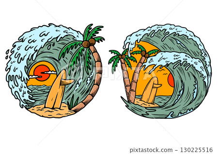 Surfing deck, wave and tropical beach. Design element for poster, card, banner. Surfing deck, wave and tropical beach. Design element for poster, card, banner. 130225516