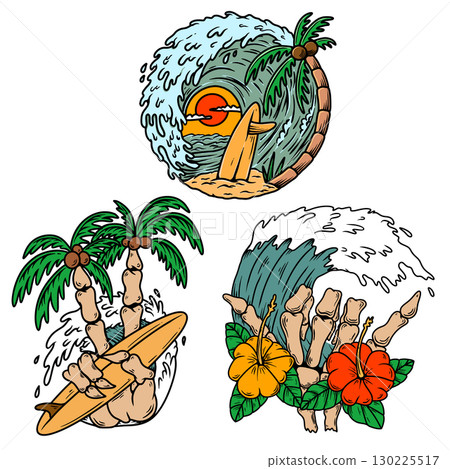 Skeleton hand with surfing board. Design element for poster, card, banner. Skeleton hand with surfing board. Design element for poster, card, banner. 130225517